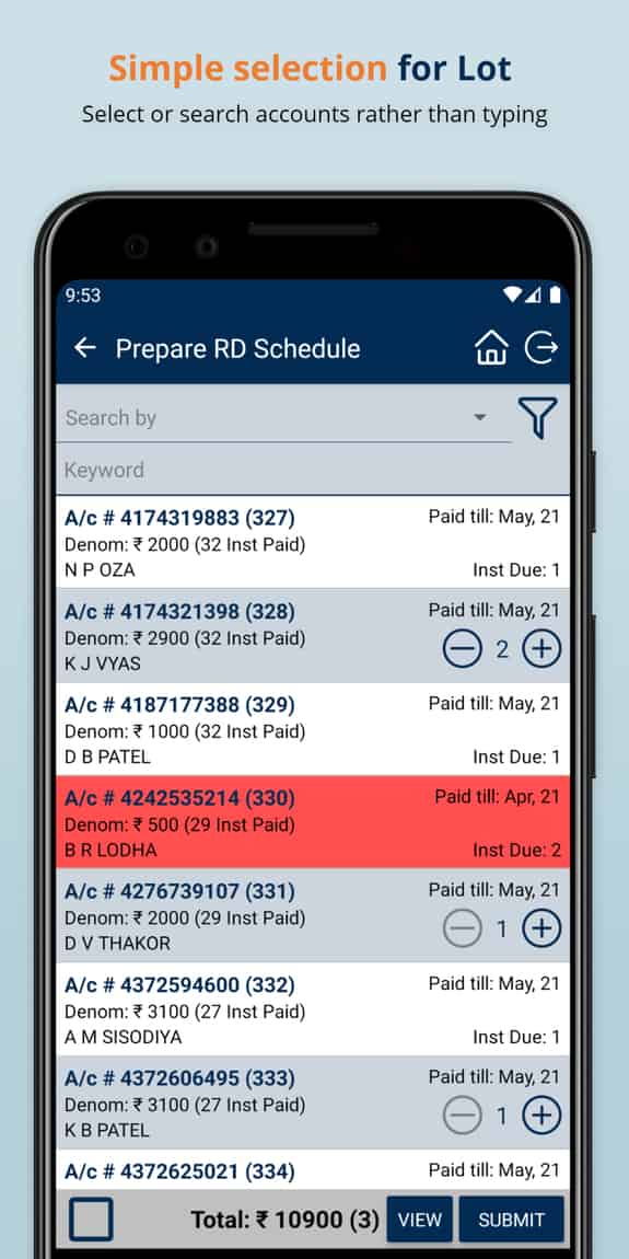 select or search accounts for dop list with color codes to easily identify account status